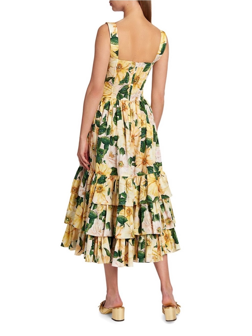 Dolce & Gabbana Yellow Floral Tiered Midi Dress with Green Leaves, Italy Size 44 - Picture 2 of 2